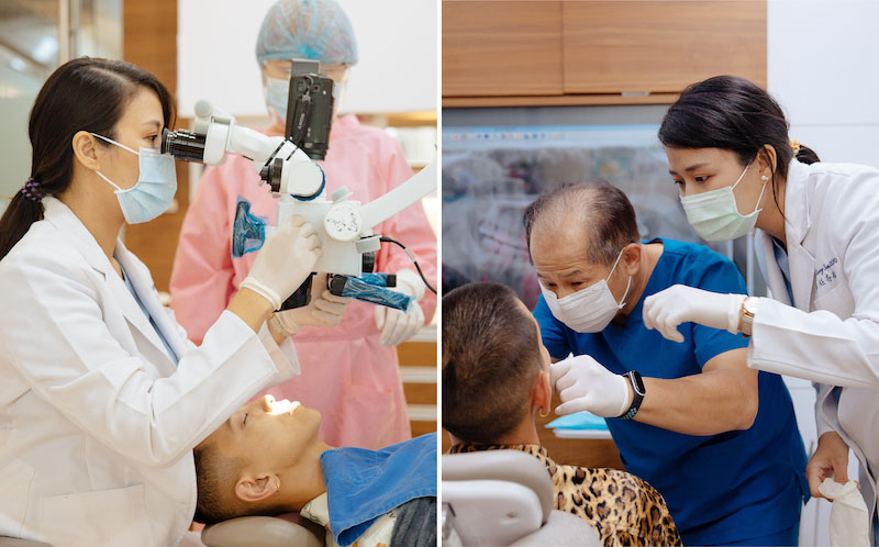 任杏嫦醫師在顯微鏡下為楊艾倫進行陶瓷貼片術前磨牙；任醫師與牙技師共同進行貼片的安裝檢查，確保貼片品質